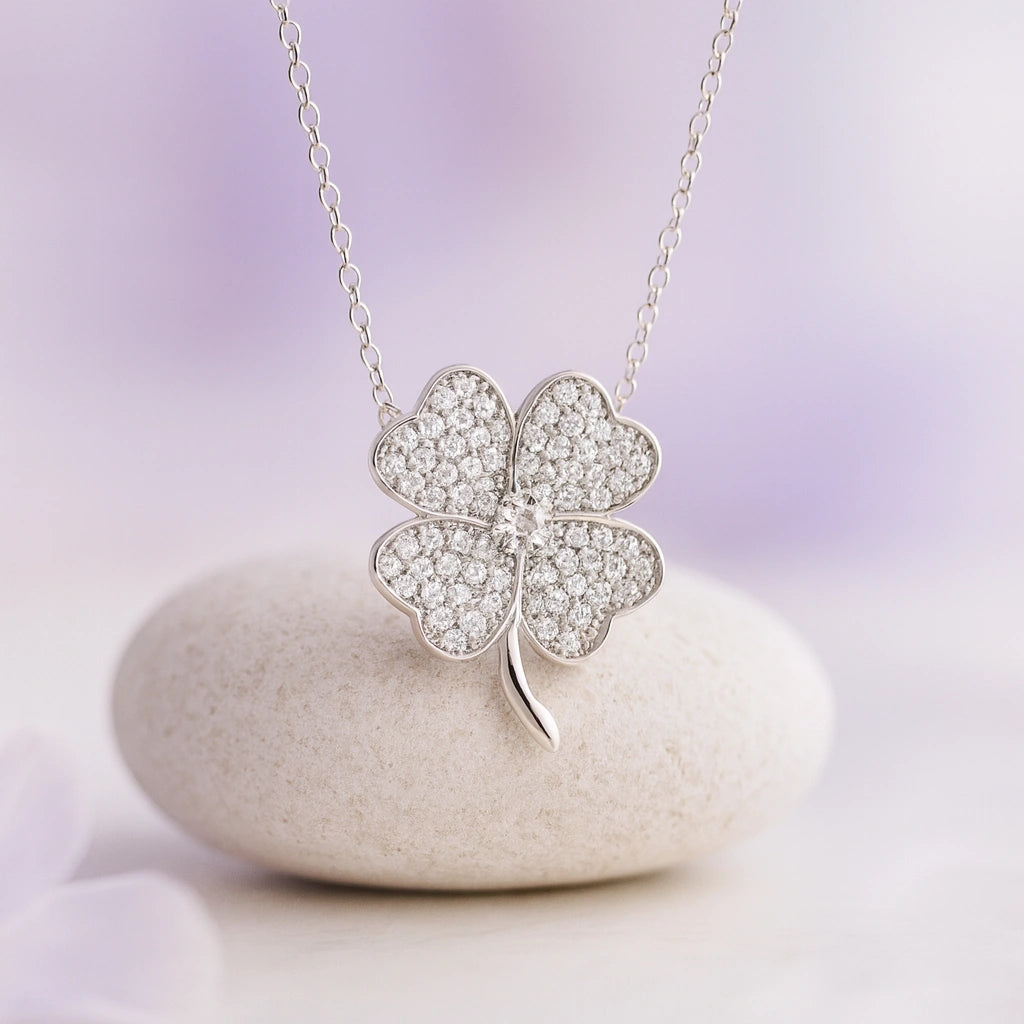 Rhodium Plated Silver Four Leaf Clover Pendant with Sparkling CZ Stones