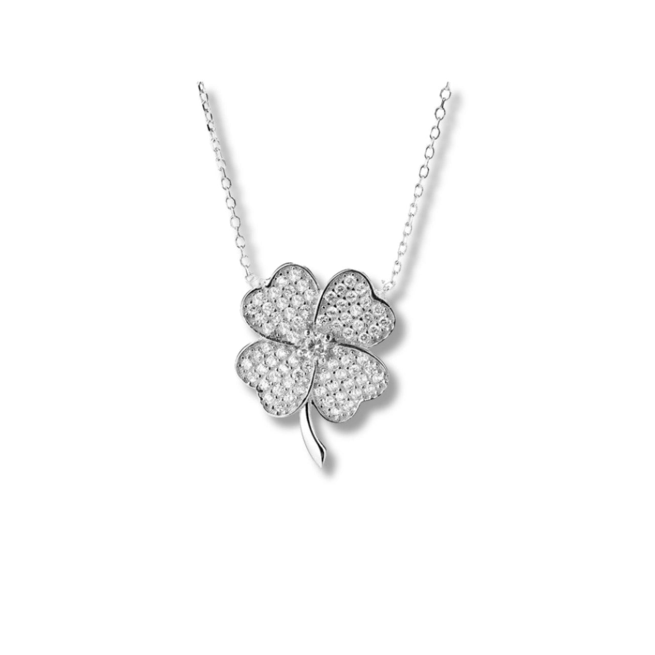 Rhodium Plated Silver Four Leaf Clover Pendant with Sparkling CZ Stones WB