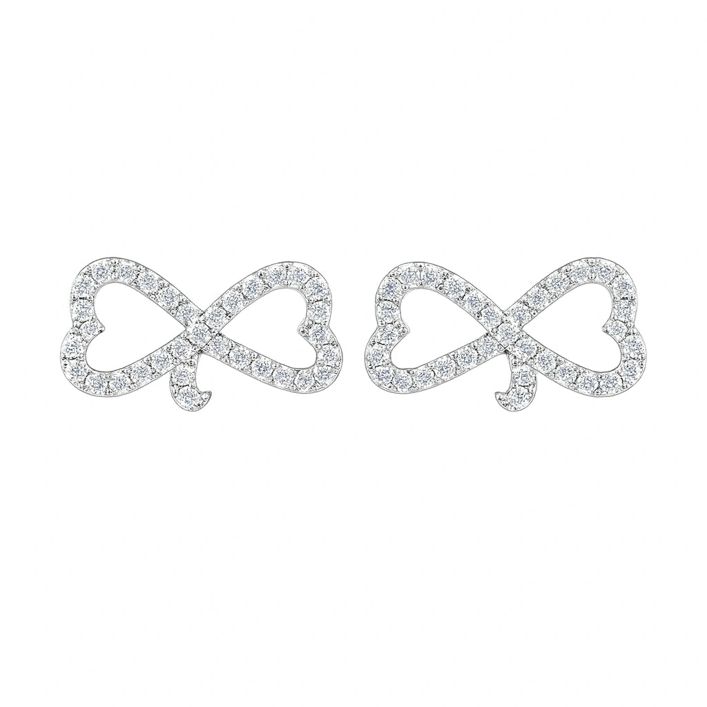 Rhodium Plated Silver Heart Bow Ear Cuffs with Sparkling CZ Stones WB