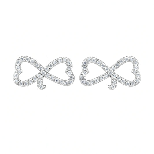 Rhodium Plated Silver Heart Bow Ear Cuffs with Sparkling CZ Stones WB