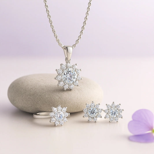 Rhodium Plated Silver Jewellery Set with Pendant, Ring & Earrings in Sparkling CZ