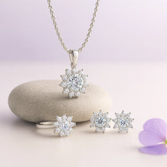 Rhodium Plated Silver Jewellery Set with Pendant, Ring & Earrings in Sparkling CZ