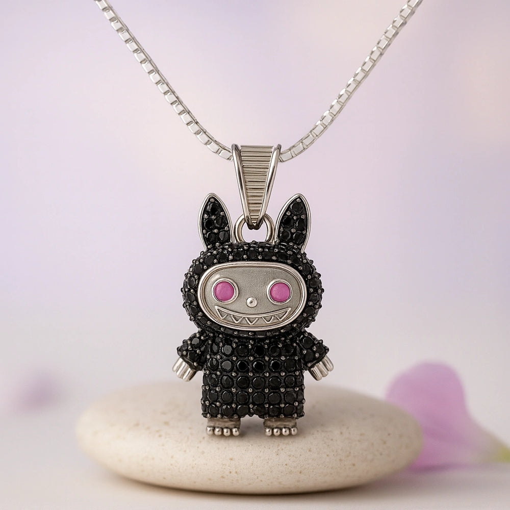 Rhodium Plated Silver Labubu Pendant with Black Stones & Sparkling CZ