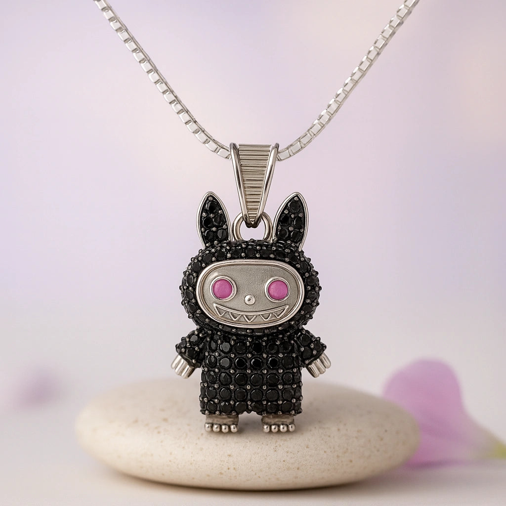 Rhodium Plated Silver Labubu Pendant with Black Stones & Sparkling CZ