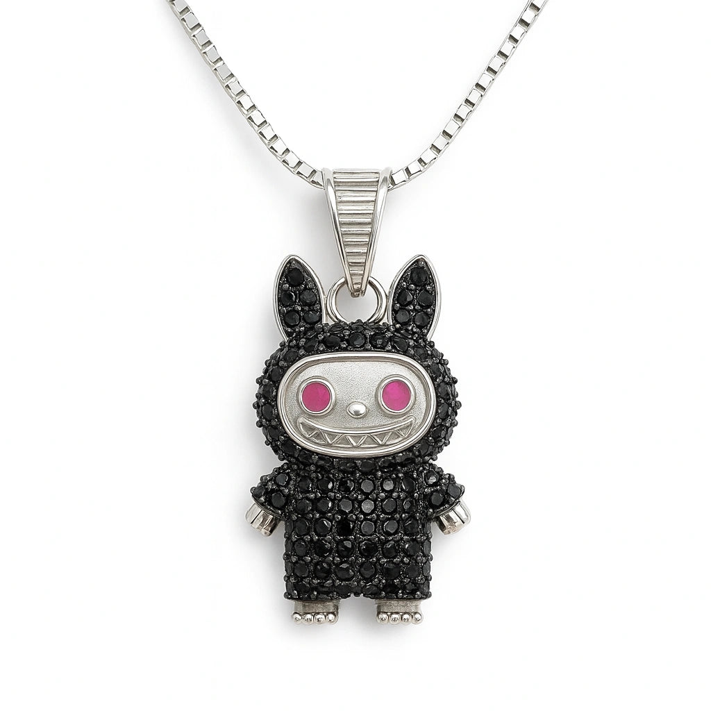 Rhodium Plated Silver Labubu Pendant with Black Stones & Sparkling CZ WB