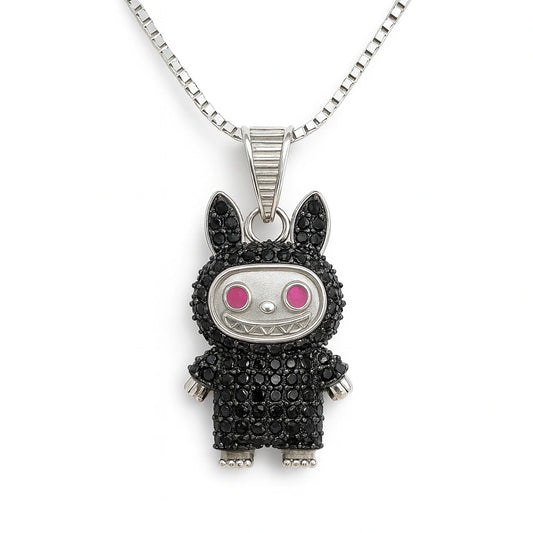 Rhodium Plated Silver Labubu Pendant with Black Stones & Sparkling CZ WB