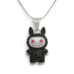 Rhodium Plated Silver Labubu Pendant with Black Stones & Sparkling CZ WB