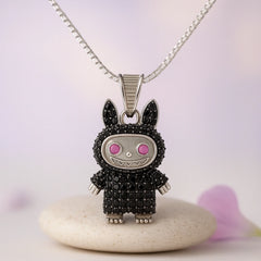 Rhodium Plated Silver Labubu Pendant with Black Stones & Sparkling CZ