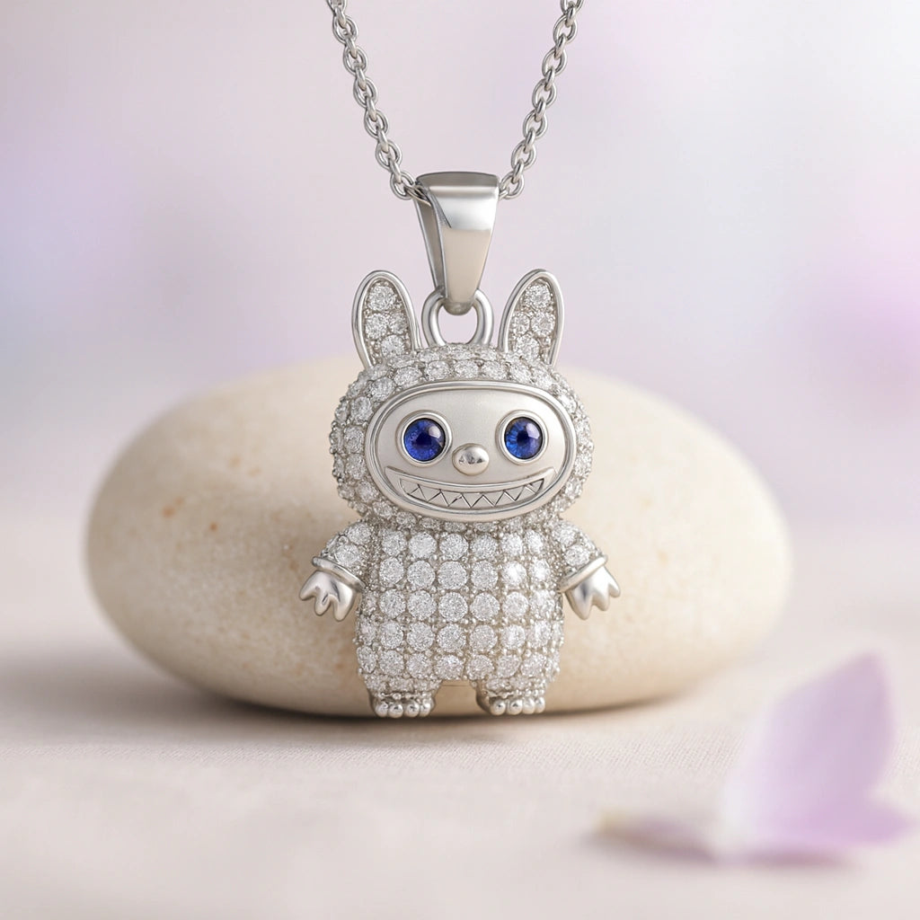 Rhodium Plated Silver Labubu Pendant with Blue Accents & Sparkling CZ Stones
