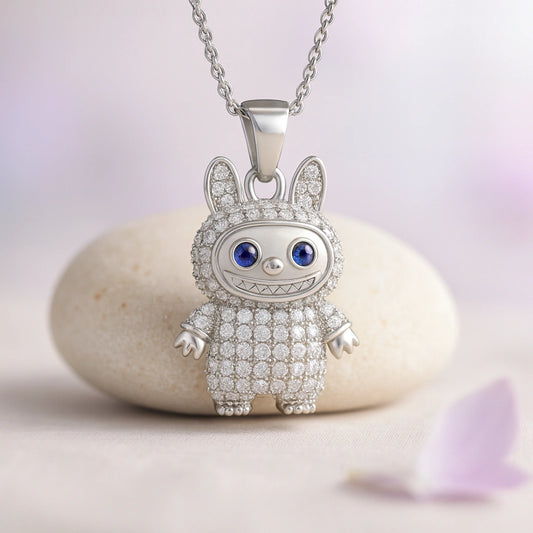 Rhodium Plated Silver Labubu Pendant with Blue Accents & Sparkling CZ Stones