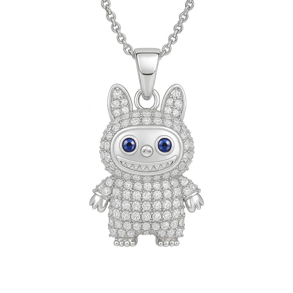 Rhodium Plated Silver Labubu Pendant with Blue Accents & Sparkling CZ Stones WB