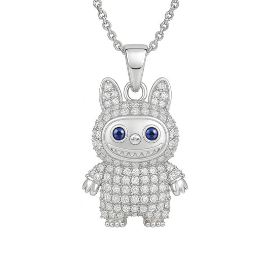 Rhodium Plated Silver Labubu Pendant with Blue Accents & Sparkling CZ Stones WB
