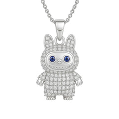 Rhodium Plated Silver Labubu Pendant with Blue Accents & Sparkling CZ Stones WB