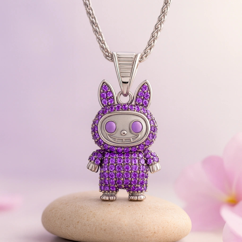 Rhodium Plated Silver Labubu Pendant with Purple Stones & Sparkling CZ