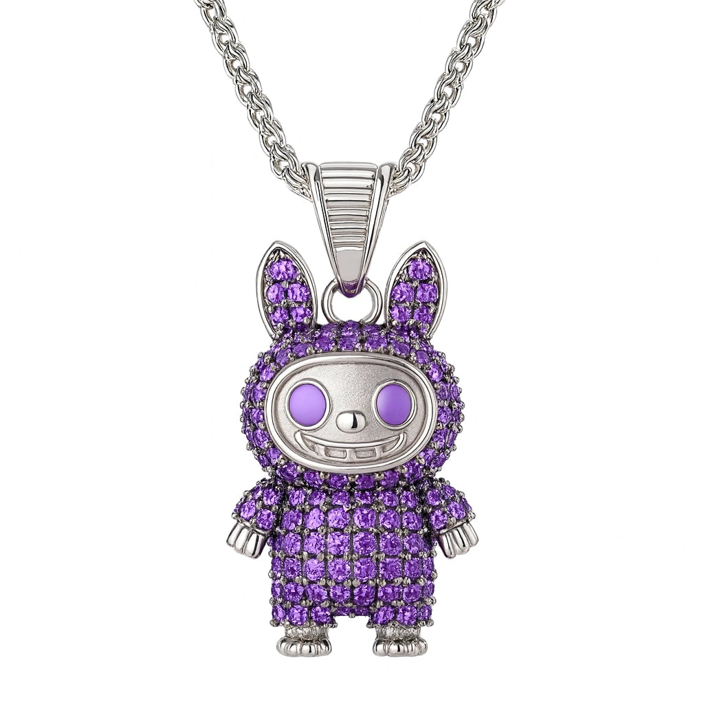 Rhodium Plated Silver Labubu Pendant with Purple Stones & Sparkling CZ WB