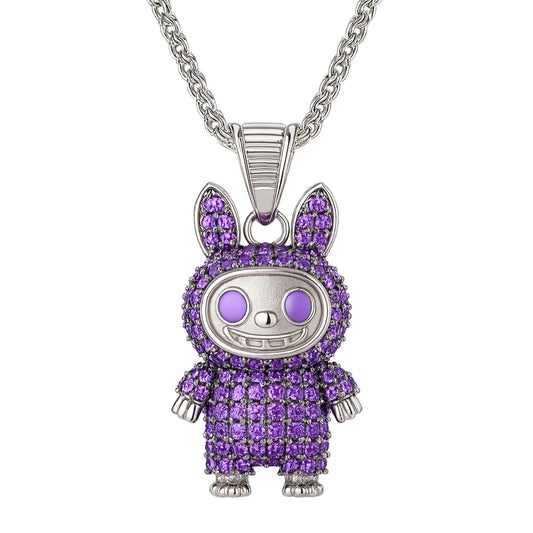 Rhodium Plated Silver Labubu Pendant with Purple Stones & Sparkling CZ WB