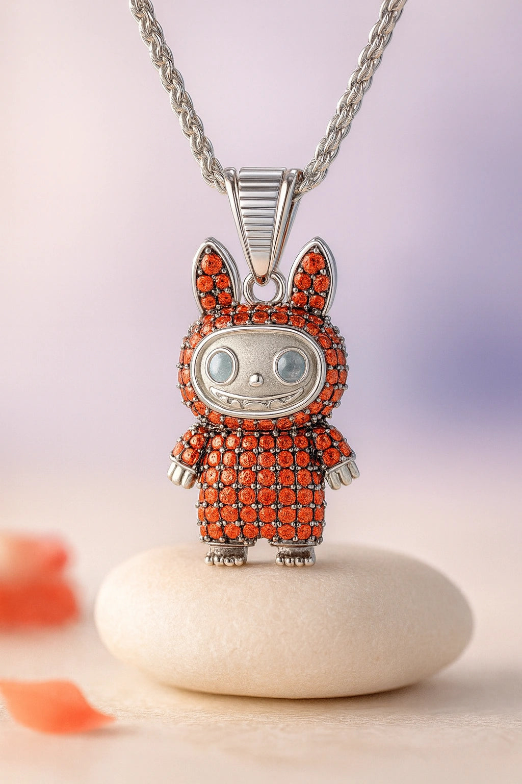 Rhodium Plated Silver Labubu Pendant with Red Stones & Sparkling CZ