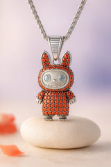 Rhodium Plated Silver Labubu Pendant with Red Stones & Sparkling CZ