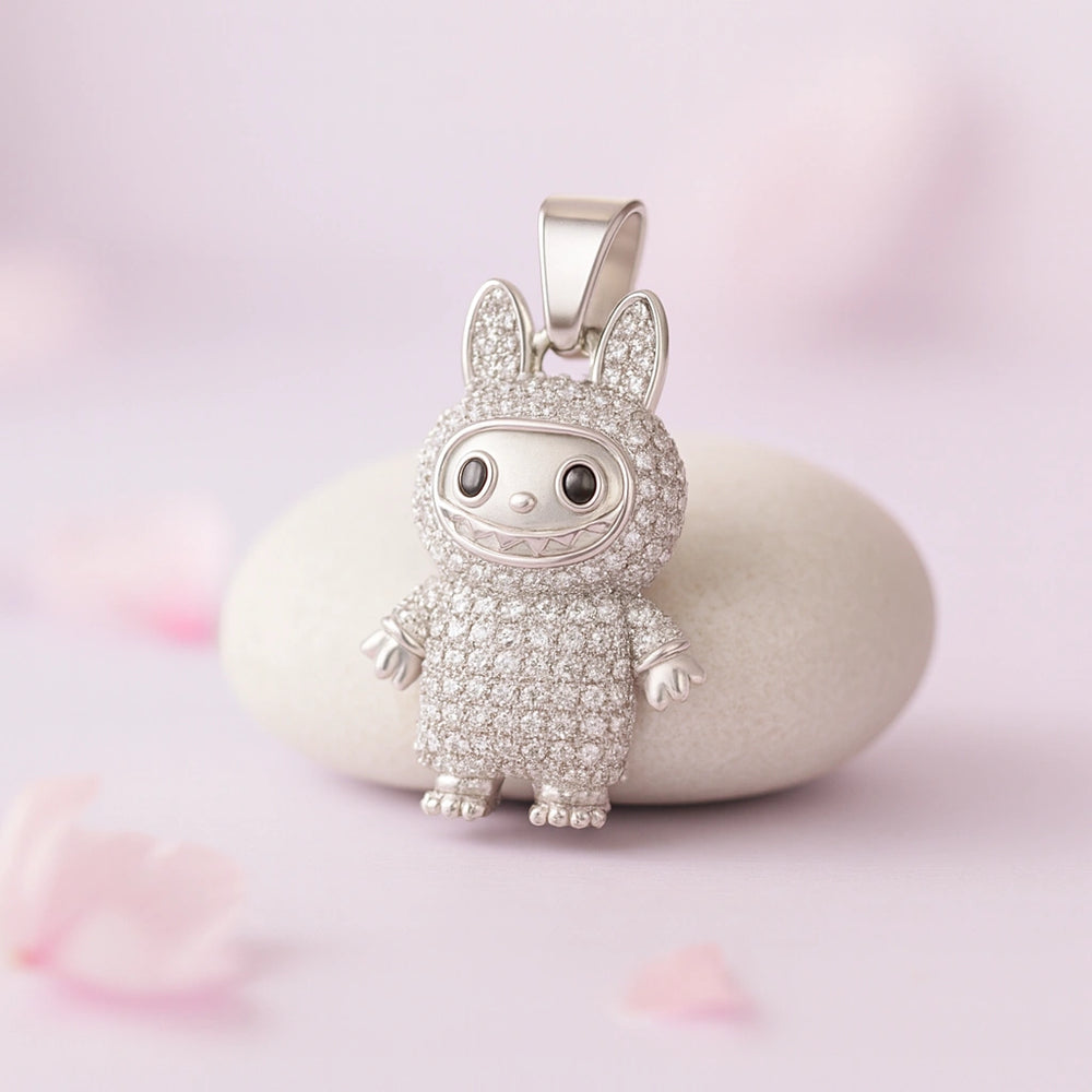 Rhodium Plated Silver Labubu Pendant with Sparkling CZ Stones