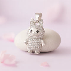 Rhodium Plated Silver Labubu Pendant with Sparkling CZ Stones
