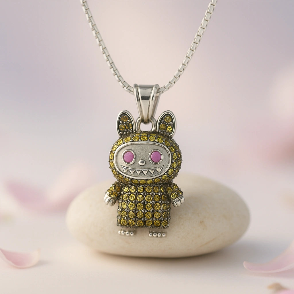 Rhodium Plated Silver Labubu Pendant with Yellow Stones & Sparkling CZ