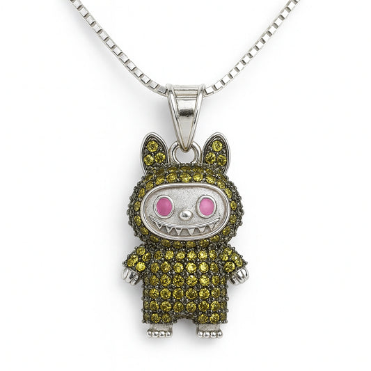 Rhodium Plated Silver Labubu Pendant with Yellow Stones & Sparkling CZ WB