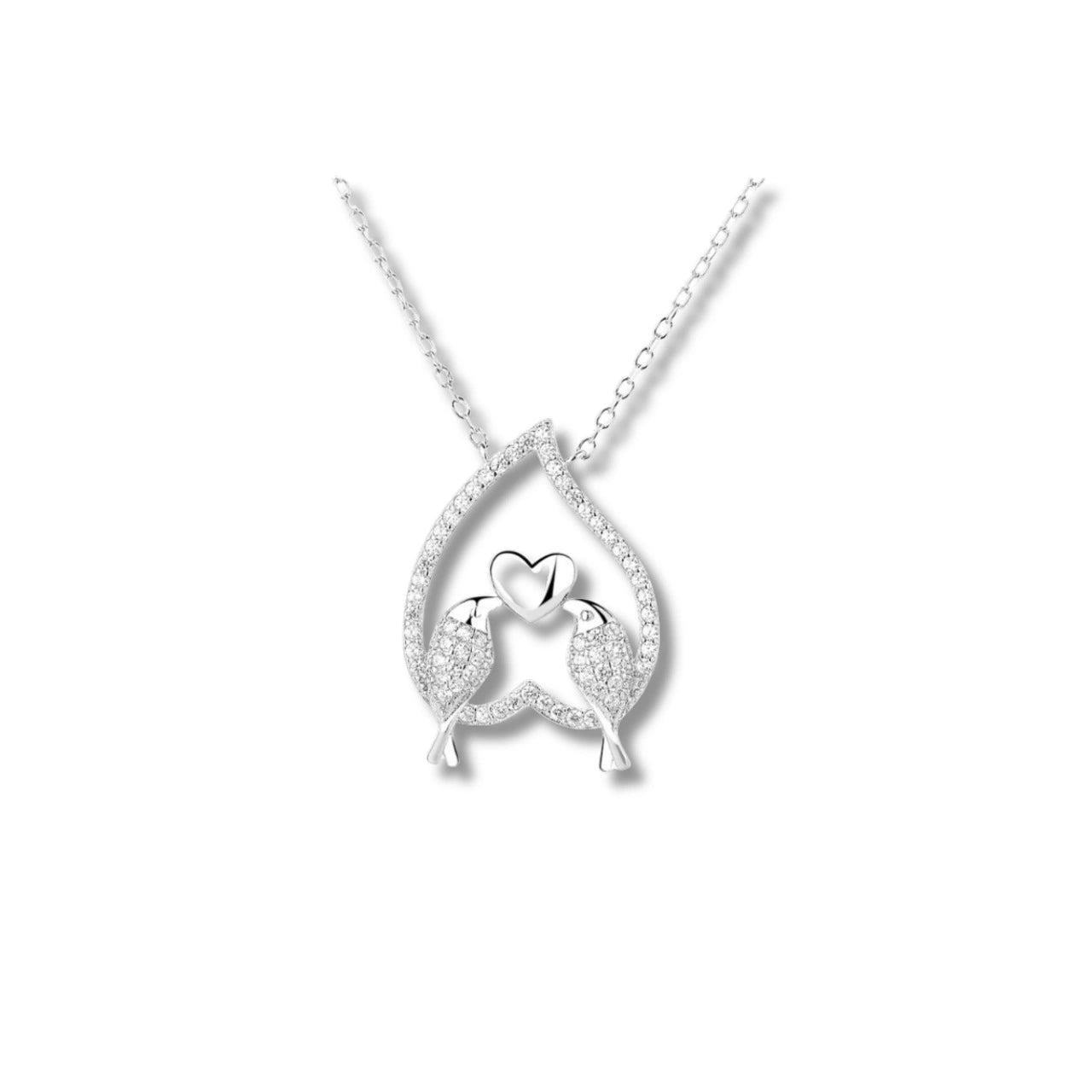 Rhodium Plated Silver Love Birds Pendant with Heart Design & Sparkling CZ Stones WB