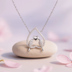 Rhodium Plated Silver Love Birds Pendant with Heart Design & Sparkling CZ Stones
