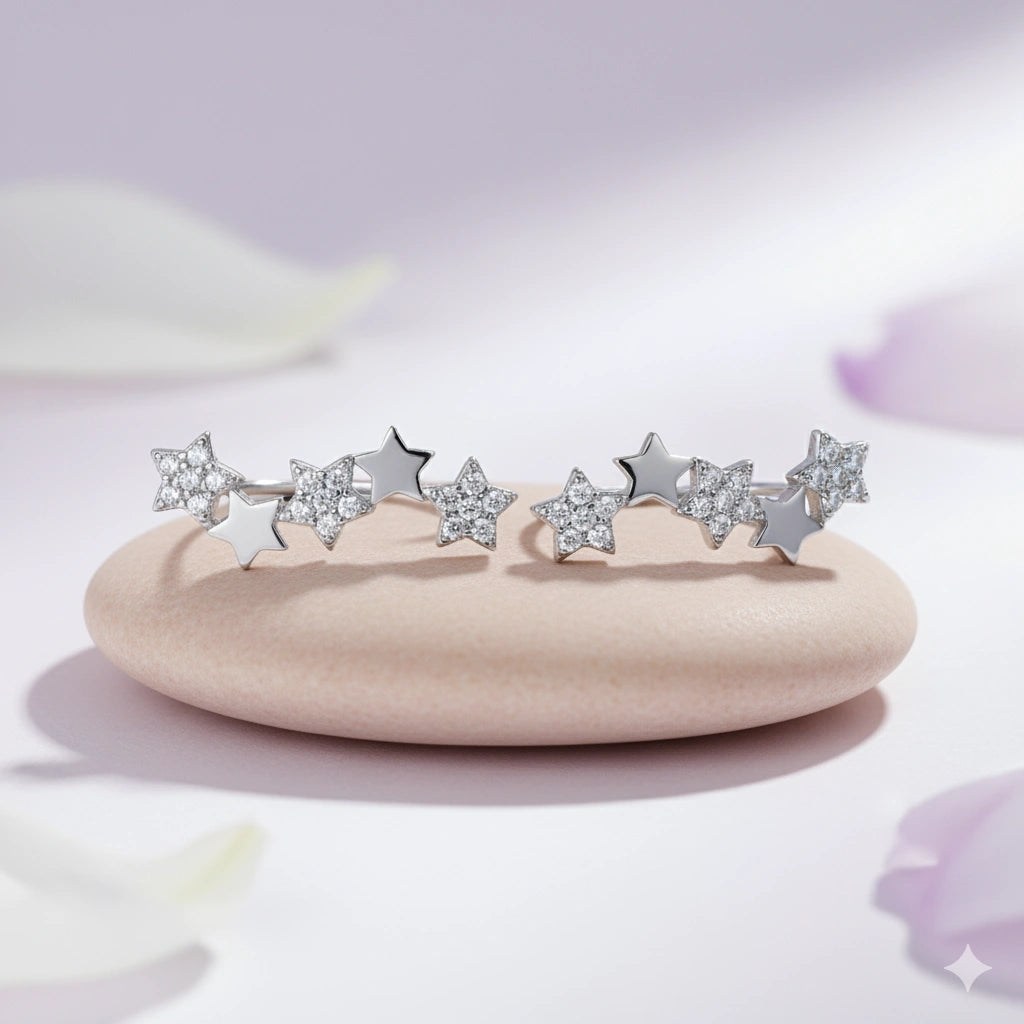 Rhodium Plated Silver Star Ear Cuffs with Sparkling CZ Stones