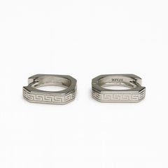 925 Sterling Silver Men’s Square Bali Earrings | Greek Key Design Hoop